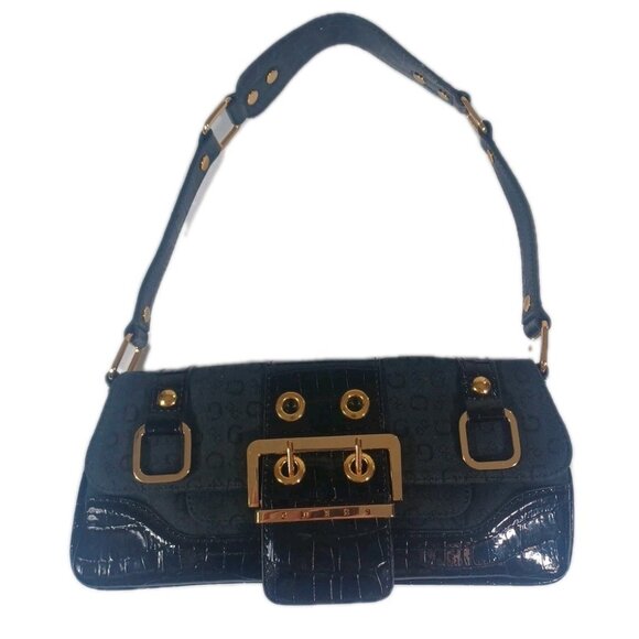 Y2K VTG Guess Black Leather Faux Croc Big Buckle Micro Mini Bag Mcbling Soho - Picture 2 of 14